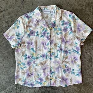Vintage Alfred Dunner Floral Button Up Pastel  Short Sleeve Blouse Women's 14